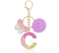 MWOOT Initiale Letter Keychains Porte Clé Lettre C,Alphabet Initial Keyring avec Papillon Pompon Pendentif,Pourpre Key Ring pour Femmes Portefeuilles Sac à Main Bagages Charme (C)
