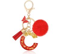 MWOOT Initiale Letter Keychains Porte Clé Lettre C,Alphabet Initial Keyring avec Papillon Pompon Pendentif,Rouge Feuille D'or Key Ring pour Femmes Portefeuilles Sac à Main Bagages Charme(C)