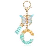 MWOOT Initiale Letter Keychains Porte Clé Lettre C,Alphabet Porte Clef Resine Lettre avec Papillon Pendentif,Vert Feuille D'or Key Ring pour Femmes Filles Portefeuilles Sac à Main Charme(C)