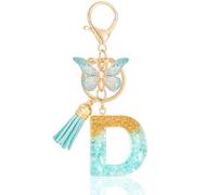 MWOOT Initiale Letter Keychains Porte Clé Lettre D,Alphabet Initial Keyring avec Papillon Pendentif,Vert Feuille D'or Key Ring pour Femmes Filles Portefeuilles Sac à Main Bagages Charme(D)