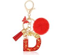 MWOOT Initiale Letter Keychains Porte Clé Lettre D,Alphabet Initial Keyring avec Papillon Pompon Pendentif,Rouge Feuille D'or Key Ring pour Femmes Portefeuilles Sac à Main Bagages Charme(D)