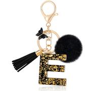 MWOOT Initiale Letter Keychains Porte Clé Lettre E,Alphabet Initial Keyring avec Papillon Pompon Pendentif,Porte-clés Noir Feuille D'or Key Ring pour Femmes Portefeuilles Bagages Charme (E)