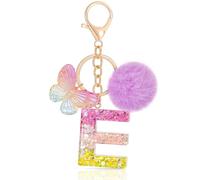 MWOOT Initiale Letter Keychains Porte Clé Lettre E,Alphabet Initial Keyring avec Papillon Pompon Pendentif,Pourpre Key Ring pour Femmes Portefeuilles Sac à Main Bagages Charme (E)