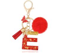 MWOOT Initiale Letter Keychains Porte Clé Lettre E,Alphabet Initial Keyring avec Papillon Pompon Pendentif,Rouge Feuille D'or Key Ring pour Femmes Portefeuilles Sac à Main Bagages Charme(E)