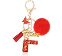 MWOOT Initiale Letter Keychains Porte Clé Lettre F,Alphabet Initial Keyring avec Papillon Pompon Pendentif,Rouge Feuille D'or Key Ring pour Femmes Portefeuilles Sac à Main Bagages Charme(F)
