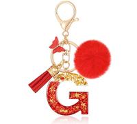 MWOOT Initiale Letter Keychains Porte Clé Lettre G,Alphabet Initial Keyring avec Papillon Pompon Pendentif,Rouge Feuille D'or Key Ring pour Femmes Portefeuilles Sac à Main Bagages Charme(G)