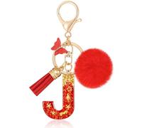 MWOOT Initiale Letter Keychains Porte Clé Lettre J,Alphabet Initial Keyring avec Papillon Pompon Pendentif,Rouge Feuille D'or Key Ring pour Femmes Portefeuilles Sac à Main Bagages Charme(J)