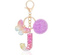 MWOOT Initiale Letter Keychains Porte Clé Lettre J,Alphabet Initial Keyring avec Papillon Pompon Pendentif,Pourpre Key Ring pour Femmes Portefeuilles Sac à Main Bagages Charme (J)