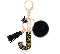 MWOOT Initiale Letter Keychains Porte Clé Lettre J,Alphabet Initial Keyring avec Papillon Pompon Pendentif,Porte-clés Noir Feuille D'or Key Ring pour Femmes Portefeuilles Bagages Charme (J)