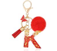 MWOOT Initiale Letter Keychains Porte Clé Lettre K,Alphabet Initial Keyring avec Papillon Pompon Pendentif,Rouge Feuille D'or Key Ring pour Femmes Portefeuilles Sac à Main Bagages Charme(K)