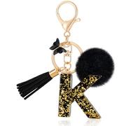 MWOOT Initiale Letter Keychains Porte Clé Lettre K,Alphabet Initial Keyring avec Papillon Pompon Pendentif,Porte-clés Noir Feuille D'or Key Ring pour Femmes Portefeuilles Bagages Charme (K)