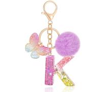 MWOOT Initiale Letter Keychains Porte Clé Lettre K,Alphabet Initial Keyring avec Papillon Pompon Pendentif,Pourpre Key Ring pour Femmes Portefeuilles Sac à Main Bagages Charme (K)