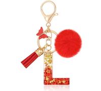 MWOOT Initiale Letter Keychains Porte Clé Lettre L,Alphabet Initial Keyring avec Papillon Pompon Pendentif,Rouge Feuille D'or Key Ring pour Femmes Portefeuilles Sac à Main Bagages Charme(L)