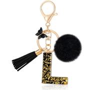MWOOT Initiale Letter Keychains Porte Clé Lettre L,Alphabet Initial Keyring avec Papillon Pompon Pendentif,Porte-clés Noir Feuille D'or Key Ring pour Femmes Portefeuilles Bagages Charme (L)