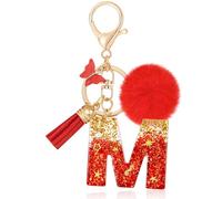 MWOOT Initiale Letter Keychains Porte Clé Lettre M,Alphabet Initial Keyring avec Papillon Pompon Pendentif,Rouge Feuille D'or Key Ring pour Femmes Portefeuilles Sac à Main Bagages Charme(M)