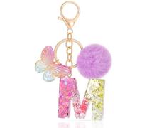 MWOOT Initiale Letter Keychains Porte Clé Lettre M,Alphabet Initial Keyring avec Papillon Pompon Pendentif,Pourpre Key Ring pour Femmes Portefeuilles Sac à Main Bagages Charme (M)