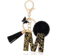 MWOOT Initiale Letter Keychains Porte Clé Lettre M,Alphabet Initial Keyring avec Papillon Pompon Pendentif,Porte-clés Noir Feuille D'or Key Ring pour Femmes Portefeuilles Bagages Charme (M)