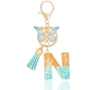 MWOOT Initiale Letter Keychains Porte Clé Lettre N,Alphabet Initial Keyring avec Papillon Pendentif,Vert Feuille D'or Key Ring pour Femmes Filles Portefeuilles Sac à Main Bagages Charme(N)