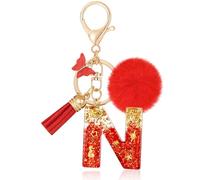 MWOOT Initiale Letter Keychains Porte Clé Lettre N,Alphabet Initial Keyring avec Papillon Pompon Pendentif,Rouge Feuille D'or Key Ring pour Femmes Portefeuilles Sac à Main Bagages Charme(N)