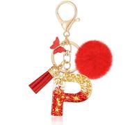 MWOOT Initiale Letter Keychains Porte Clé Lettre P,Alphabet Initial Keyring avec Papillon Pompon Pendentif,Rouge Feuille D'or Key Ring pour Femmes Portefeuilles Sac à Main Bagages Charme(P)