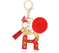 MWOOT Initiale Letter Keychains Porte Clé Lettre R,Alphabet Initial Keyring avec Papillon Pompon Pendentif,Rouge Feuille D'or Key Ring pour Femmes Portefeuilles Sac à Main Bagages Charme(R