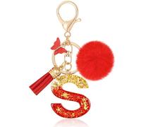 MWOOT Initiale Letter Keychains Porte Clé Lettre S,Alphabet Initial Keyring avec Papillon Pompon Pendentif,Rouge Feuille D'or Key Ring pour Femmes Portefeuilles Sac à Main Bagages Charme(S)