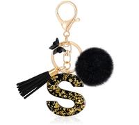 MWOOT Initiale Letter Keychains Porte Clé Lettre S,Alphabet Initial Keyring avec Papillon Pompon Pendentif,Porte-clés Noir Feuille D'or Key Ring pour Femmes Portefeuilles Bagages Charme (S)