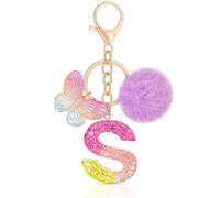 MWOOT Initiale Letter Keychains Porte Clé Lettre S,Alphabet Initial Keyring avec Papillon Pompon Pendentif,Pourpre Key Ring pour Femmes Portefeuilles Sac à Main Bagages Charme (S)