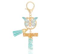 MWOOT Initiale Letter Keychains Porte Clé Lettre T,Alphabet Initial Keyring avec Papillon Pendentif,Vert Feuille D'or Key Ring pour Femmes Filles Portefeuilles Sac à Main Bagages Charme(T)