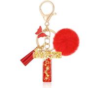 MWOOT Initiale Letter Keychains Porte Clé Lettre T,Alphabet Initial Keyring avec Papillon Pompon Pendentif,Rouge Feuille D'or Key Ring pour Femmes Portefeuilles Sac à Main Bagages Charme(T)
