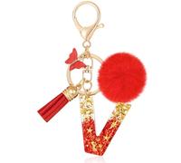 MWOOT Initiale Letter Keychains Porte Clé Lettre V,Alphabet Initial Keyring avec Papillon Pompon Pendentif,Rouge Feuille D'or Key Ring pour Femmes Portefeuilles Sac à Main Bagages Charme(V)