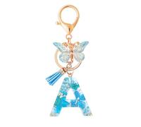 MWOOT Letter Keychains Initiale Lettre Porte Clef Lettre A,Alphabet Initial Keyring avec Papillon Pendentif,Bleu Pétales Feuille D'or Key Ring pour Femmes Filles Portefeuilles Sac à Main Charme(A)