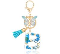 MWOOT Letter Keychains Initiale Lettre Porte Clef Lettre B,Alphabet Initial Keyring avec Papillon Pendentif,Bleu Pétales Feuille D'or Key Ring pour Femmes Filles Portefeuilles Sac à Main Charme (B)