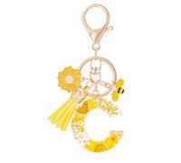 MWOOT Letter Keychains Initiale Lettre Porte Clef Lettre C,Alphabet Initial Keyring avec Pampille Pendentif,Jaune Pétales Feuille D'or Key Ring pour Femmes Filles Portefeuilles Sac à Main Charme(C)