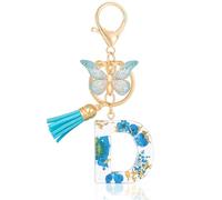 MWOOT Letter Keychains Initiale Lettre Porte Clef Lettre D,Alphabet Initial Keyring avec Papillon Pendentif,Bleu Pétales Feuille D'or Key Ring pour Femmes Filles Portefeuilles Sac à Main Charme (D)