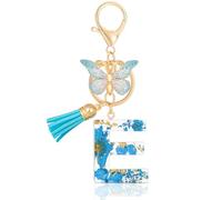 MWOOT Letter Keychains Initiale Lettre Porte Clef Lettre E,Alphabet Initial Keyring avec Papillon Pendentif,Bleu Pétales Feuille D'or Key Ring pour Femmes Filles Portefeuilles Sac à Main Charme (E)