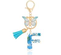 MWOOT Letter Keychains Initiale Lettre Porte Clef Lettre F,Alphabet Initial Keyring avec Papillon Pendentif,Bleu Pétales Feuille D'or Key Ring pour Femmes Filles Portefeuilles Sac à Main Charme (F)