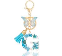 MWOOT Letter Keychains Initiale Lettre Porte Clef Lettre G,Alphabet Initial Keyring avec Papillon Pendentif,Bleu Pétales Feuille D'or Key Ring pour Femmes Filles Portefeuilles Sac à Main Charme(G)
