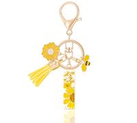 MWOOT Letter Keychains Initiale Lettre Porte Clef Lettre I,Alphabet Initial Keyring avec Pampille Pendentif,Jaune Pétales Feuille D'or Key Ring pour Femmes Filles Portefeuilles Sac à Main Charme(I)