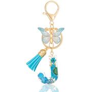 MWOOT Letter Keychains Initiale Lettre Porte Clef Lettre J,Alphabet Initial Keyring avec Papillon Pendentif,Bleu Pétales Feuille D'or Key Ring pour Femmes Filles Portefeuilles Sac à Main Charme(J)