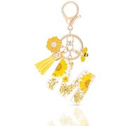MWOOT Letter Keychains Initiale Lettre Porte Clef Lettre M,Alphabet Initial Keyring avec Pampille Pendentif,Jaune Pétales Feuille D'or Key Ring pour Femmes Filles Portefeuilles Sac à Main Charme(M)