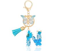 MWOOT Letter Keychains Initiale Lettre Porte Clef Lettre N,Alphabet Initial Keyring avec Papillon Pendentif,Bleu Pétales Feuille D'or Key Ring pour Femmes Filles Portefeuilles Sac à Main Charme (N)
