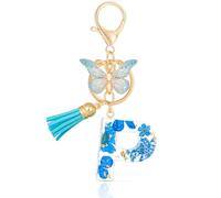 MWOOT Letter Keychains Initiale Lettre Porte Clef Lettre P,Alphabet Initial Keyring avec Papillon Pendentif,Bleu Pétales Feuille D'or Key Ring pour Femmes Filles Portefeuilles Sac à Main Charme (P)