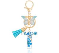 MWOOT Letter Keychains Initiale Lettre Porte Clef Lettre T,Alphabet Initial Keyring avec Papillon Pendentif,Bleu Pétales Feuille D'or Key Ring pour Femmes Filles Portefeuilles Sac à Main Charme (T)