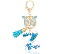 MWOOT Letter Keychains Initiale Lettre Porte Clef Lettre Z,Alphabet Initial Keyring avec Papillon Pendentif,Bleu Pétales Feuille D'or Key Ring pour Femmes Filles Portefeuilles Sac à Main Charme (Z)