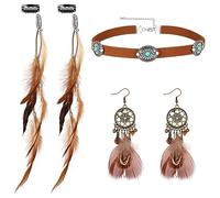 MWOOT Pinces à Cheveux Plumes, Extensions de Cheveux Indienne, Collier Ras du Cou en Cuir, Boucles d'oreilles Attrape-rêves, Bijoux Bohémiens Set pour Halloween Carnaval la Fête Costumée des Femmes