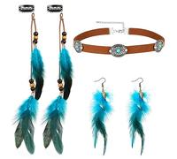 MWOOT Pinces à Cheveux Plumes, Extensions de Cheveux Indienne, Collier Ras du Cou en Cuir, Boucles d'oreilles en Plumes, Bijoux Bohémiens Set pour Halloween Carnaval la Fête Costumée des Femmes