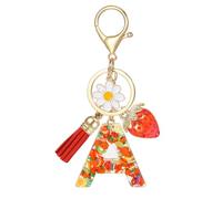 MWOOT Porte Clé Lettre avec Initiale, Porte Clef Alphabet avec Pendentif Fraise Marguerite Tassel pour Femmes Filles, Charme de Porte Clés Fruits Mignon en Résine pour Clé de Voiture Sac à Main(A)