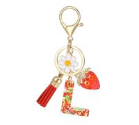 MWOOT Porte Clé Lettre avec Initiale, Porte Clef Alphabet avec Pendentif Fraise Marguerite Tassel pour Femmes Filles, Charme de Porte Clés Fruits Mignon en Résine pour Clé de Voiture Sac à Main(L)