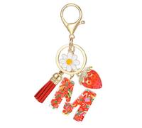MWOOT Porte Clé Lettre avec Initiale, Porte Clef Alphabet avec Pendentif Fraise Marguerite Tassel pour Femmes Filles, Charme de Porte Clés Fruits Mignon en Résine pour Clé de Voiture Sac à Main(M)